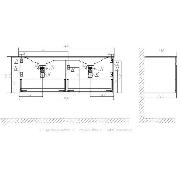 Тумба с раковиной подвесная Velvex Pulsus tp.PUL.PUL.140.2Y белый глянец, 140 см. Фото 2