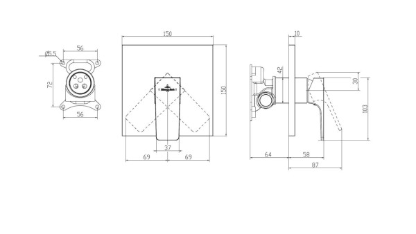TVS125002000K5 ARCHITECTURA SQUARE Однорычажный смеситель скрытого монтажа, материал: Латунь, Чёрный (ДО ОКОНЧАНИЯ ОСТАТКОВ). Фото 2