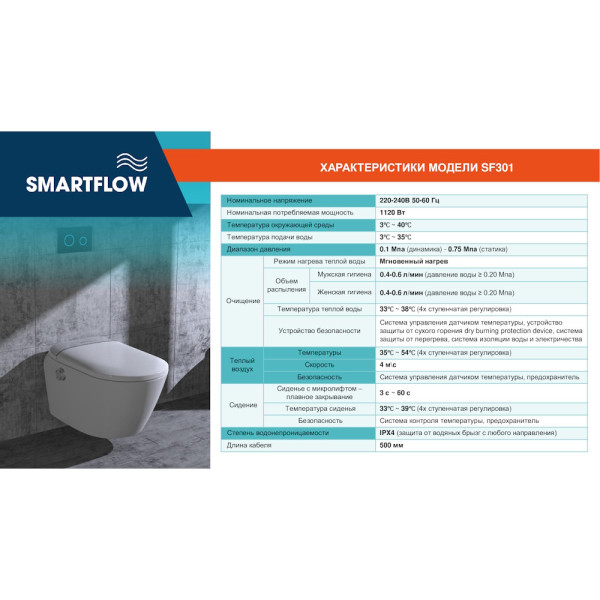 Умный унитаз SMARTFLOW безободковый с микролифтом SMF3017T-WH, белый. Фото 4