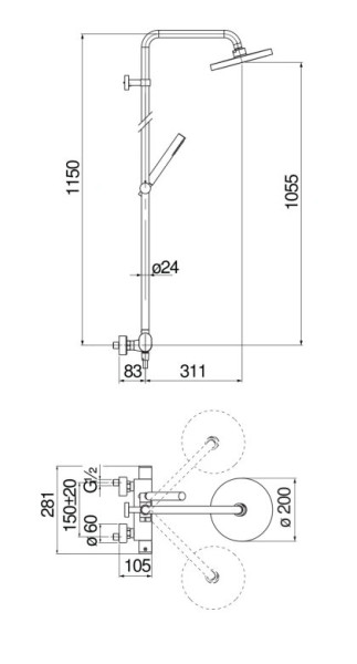 UP94030/30CR UP термостатическая душевая система, верхний душ 20 см. Фото 2