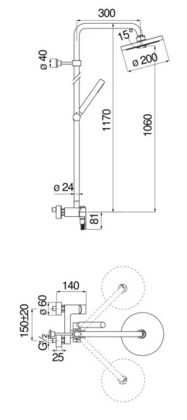 UP94130/30CR UP душевая система, верхний душ 20 см. Фото 2