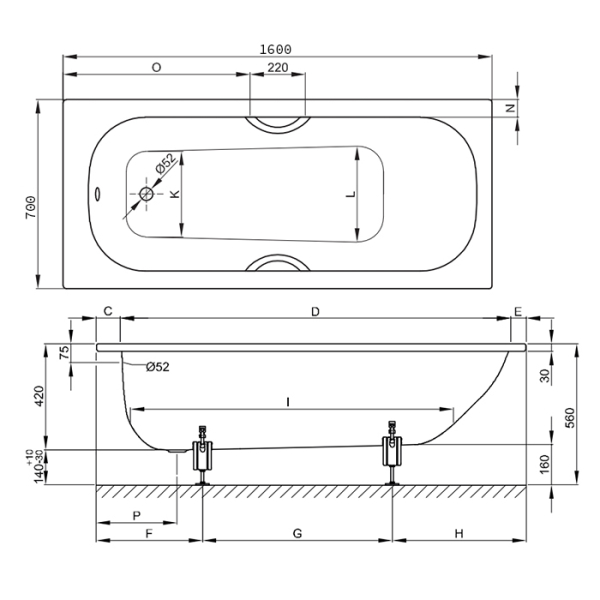 Ванна 1600х700х420 мм, с шумоизоляцией, цвет белый (для стандартного слива-перелива). Фото 4