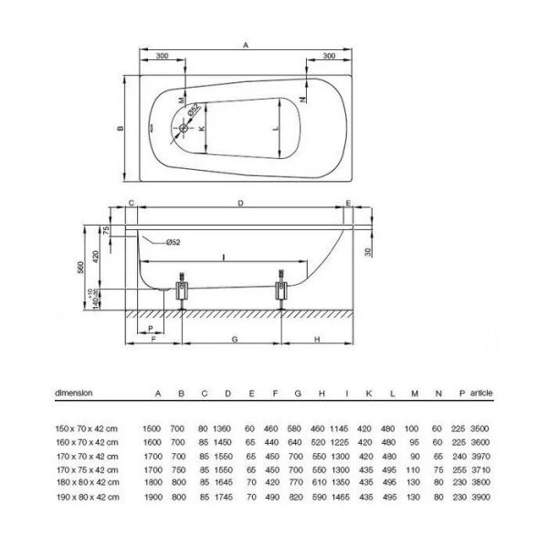 Ванна 1700х700х420 мм., с системой антишум, BetteGlasur® Plus, BetteАнтислип, цвет белый. Фото 2