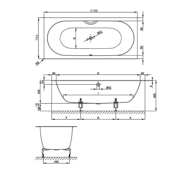 Ванна 1700х750 мм., с шумоизоляцией, цвет белый. Фото 2