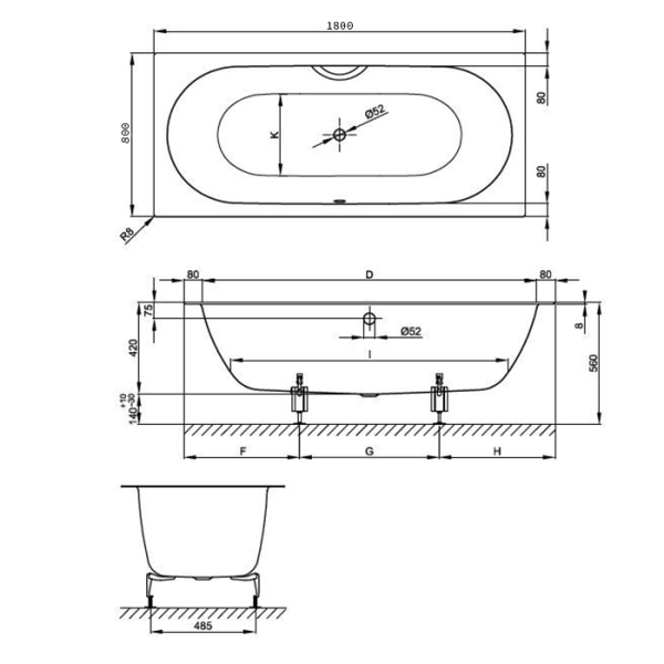 Ванна 1800х800 мм., с шумоизоляцией, BetteGlasur® Plus, цвет белый. Фото 2