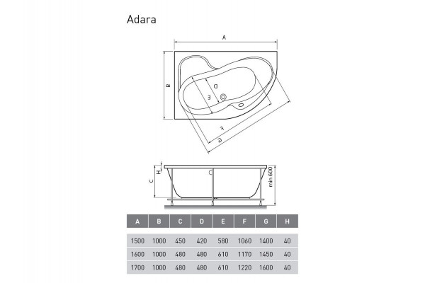 Ванна акриловая левосторонняя Relisan ADARA Гл000013731, 170x100. Фото 2
