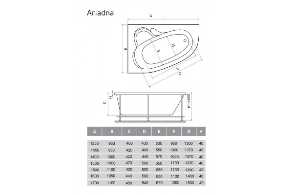 Ванна акриловая левосторонняя Relisan ARIADNA Гл000000537, 170x110. Фото 2