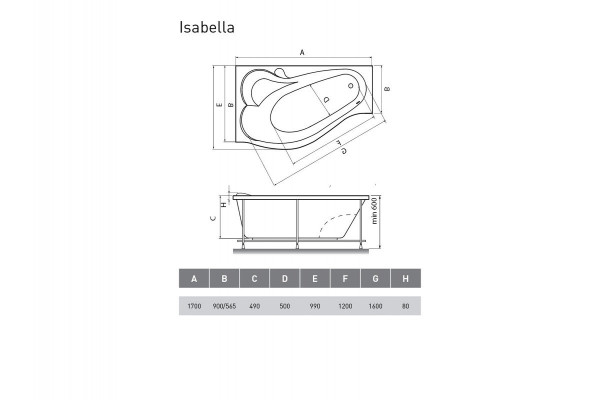 Ванна акриловая левосторонняя Relisan ISABELLA Гл000010529, 170x90. Фото 2