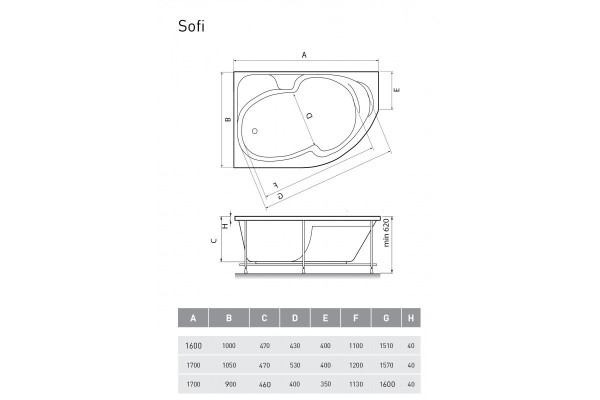 Ванна акриловая левосторонняя Relisan SOFI Гл000026214, 170x90. Фото 2