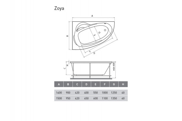 Ванна акриловая левосторонняя Relisan ZOYA Гл000001247, 140x90. Фото 2