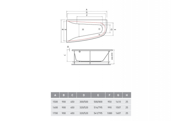 Ванна акриловая левосторонняя Vayer BOOMERANG Гл000009592, 170x90. Фото 2