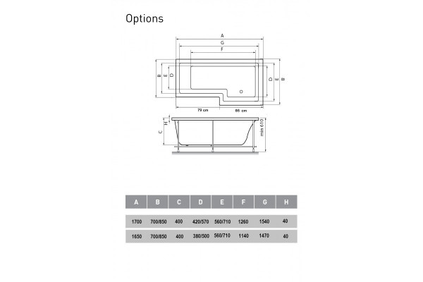 Ванна акриловая левосторонняя Vayer Options Гл000023294, 165x85. Фото 2