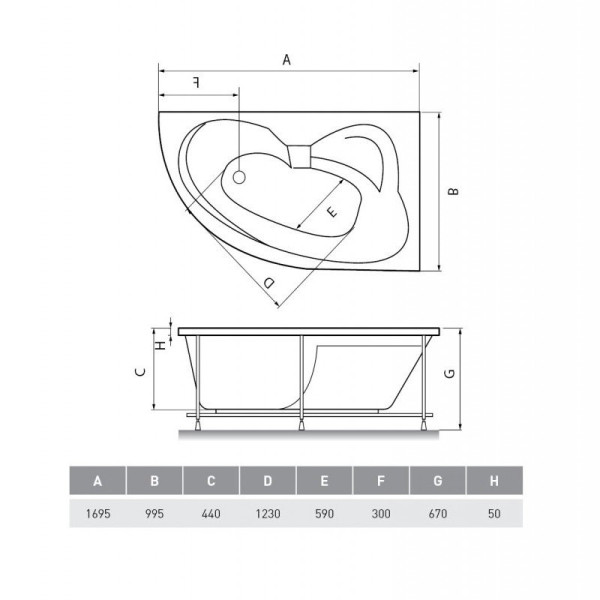 Ванна акриловая правосторонняя Relisan EcoPlus Эльба Гл000023039, 170х100. Фото 2
