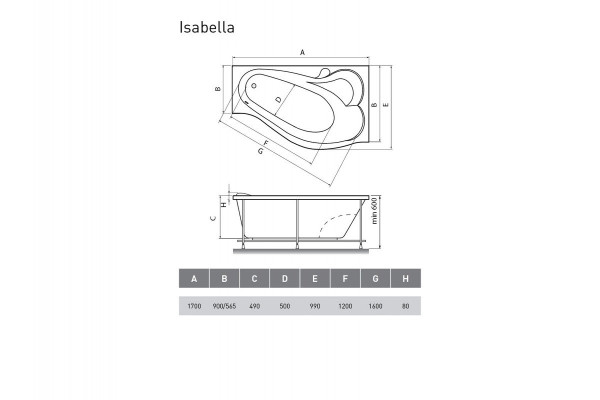 Ванна акриловая правосторонняя Relisan ISABELLA Гл000010530, 170x90. Фото 2