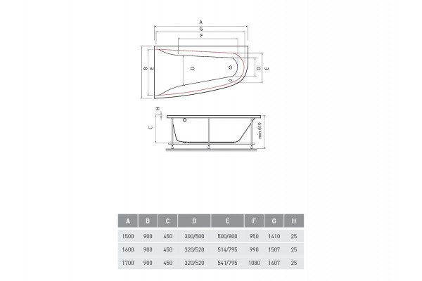 Ванна акриловая правосторонняя Vayer BOOMERANG Гл000009591, 170x90. Фото 2