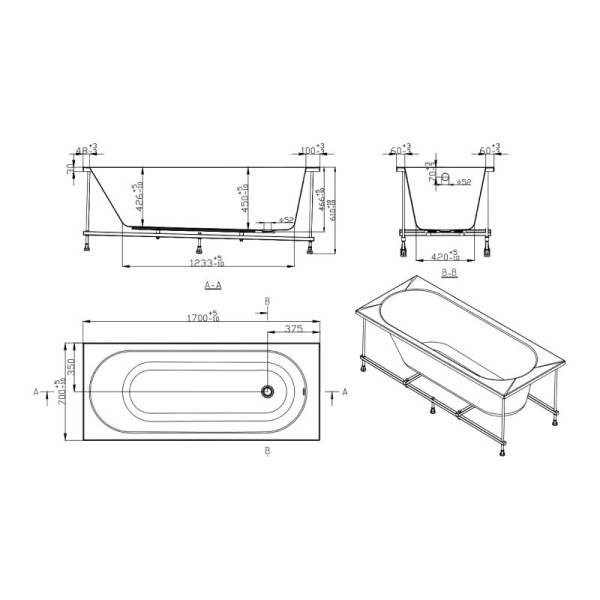 Ванна акриловая SMARTFLOW Oberon Solo SMF1877-1.7, 170x70 см. Фото 2