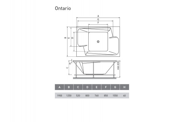 Ванна акриловая Vayer Ontario Гл000006815, 190x125. Фото 2