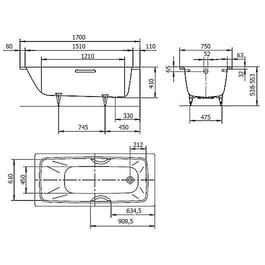 Ванна Cayono Мод.750 170х75x41 белый. Фото 2