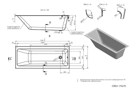 Ванна Cersanit прямоугольная CREA 170x70. Фото 4