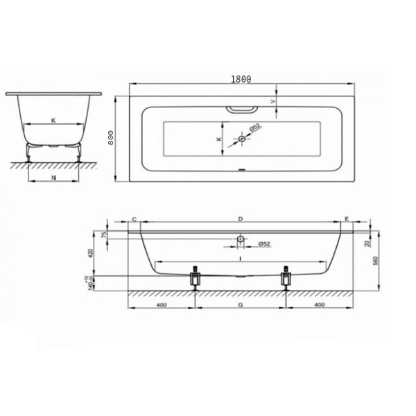 Ванна с шумоизоляцией 180х80х42, с покрытием BetteGlasur ® Plus , цвет белый (для удлиненного слива-перелива). Фото 5