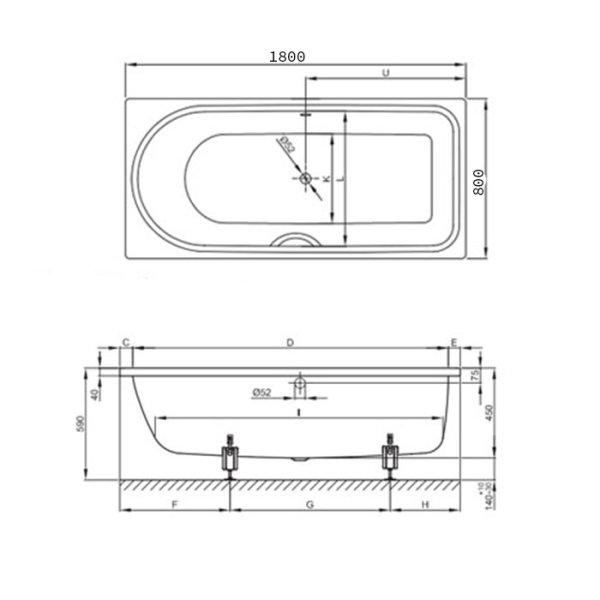 Ванна с шумоизоляцией 180х80х45, перелив сзади,  BetteGlasur ® Plus и покрытием анти-слип, белая (для удлиненного слива-перелива). Фото 7