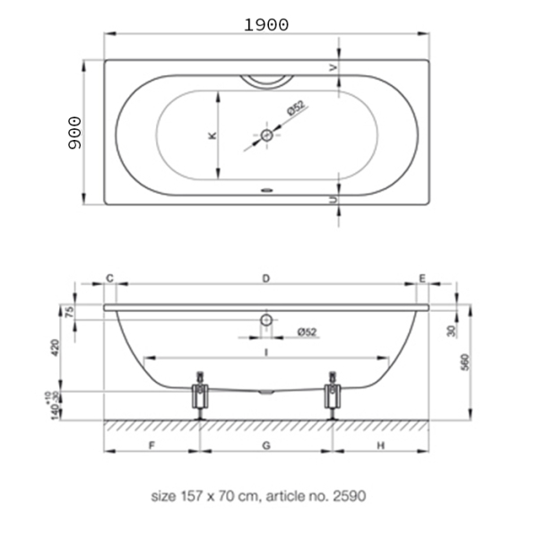 Ванна с шумоизоляцией 190х90х42, с самоочищающимся покрытием Glaze Plus белая (для удлиненного слива-перелива). Фото 3