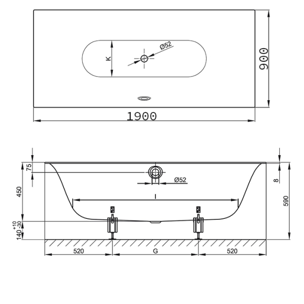 Ванна с шумоизоляцией 190х90х45, с самоочищающимся покрытием BetteGlasur ® Plus, цвет белый (для удлиненного слива-перелива). Фото 4