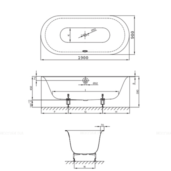 Ванна встраиваемая овальная с шумоизоляцией 190x90x45 см, цвет черное дерево(матовый)  (для удлиненного слива-перелива). Фото 4