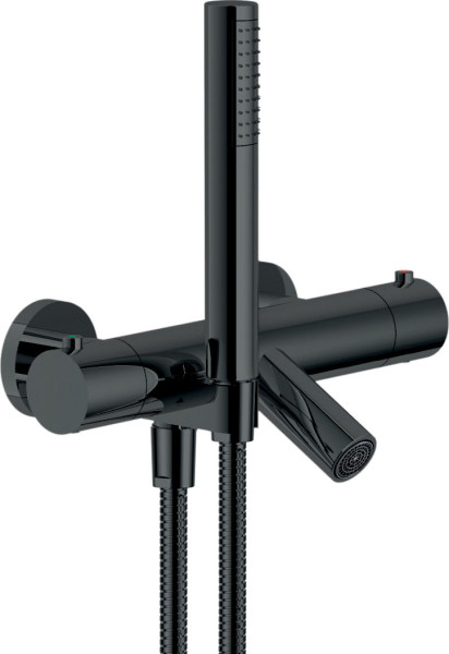 VE125010/2FLP VELIS термостатический смеситель для ванны, с ручным душем и шлангом 150 см, глянцевый черный. Фото 1