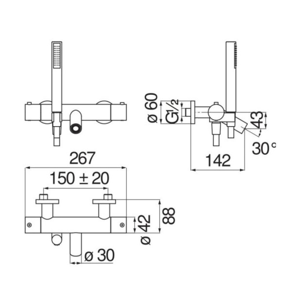 VE125010/2FLP VELIS термостатический смеситель для ванны, с ручным душем и шлангом 150 см, глянцевый черный. Фото 2