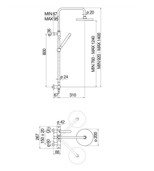 VE125030/50FLP VELIS термостатическая душевая система, верхний душ 20 см, глянцевый черный. Фото 2