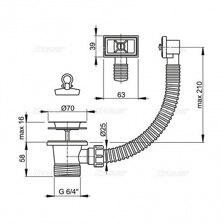 Водослив сифона для мойки 6/4" с нержавеющей peшeткой Ø70 и гофропереливом, арт. A331. Фото 2