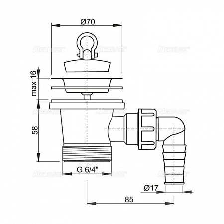 Водослив сифона для мойки 6/4" с нержавеющей peшeткой Ø70 и подводкой, арт. A33P. Фото 2
