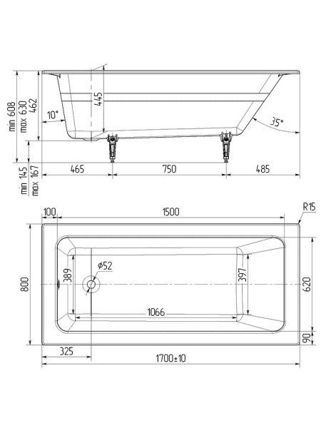 Wotte Line 1700х800х462 ванна чугунная (БП-э00д1473). Фото 4
