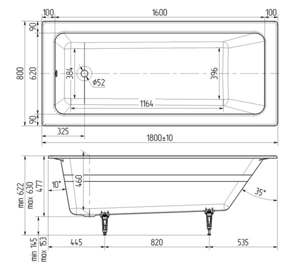 Wotte Line Plus 1800х800х477 ванна чугунная (БП-э00д1471). Фото 3
