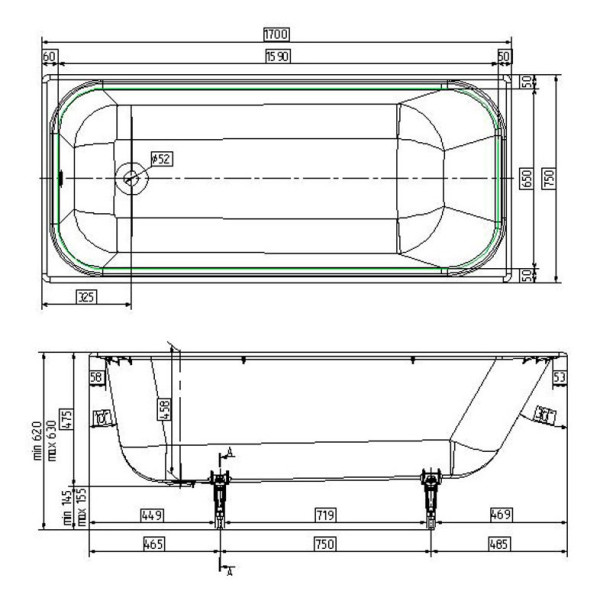 Wotte Start УР 1700х750х458 ванна чугунная c отверстиями для ручек (БП-э0001105). Фото 2