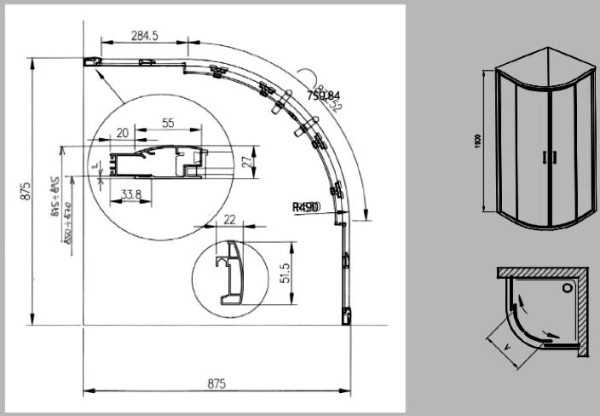XP2CP4-90 блестящий + транспарент, душевой уголок полукруглый, раздвижной. Фото 2