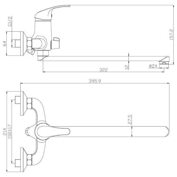 Y35-32 Смеситель одноручный (35 мм) для ванны с плоским изливом 350 мм, хром. Фото 2