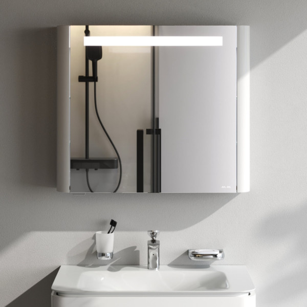 Зеркальный шкаф с подсветкой 80 см, левый, белый глянец. Фото 1