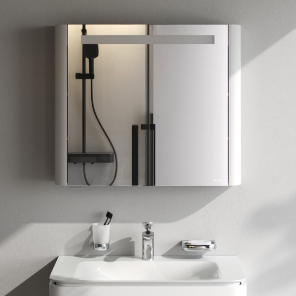 Зеркальный шкаф с подсветкой 80 см, левый, белый глянец. Фото 2