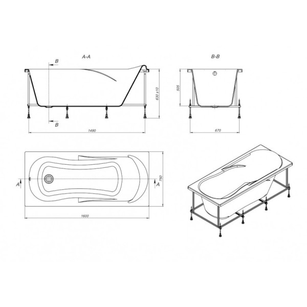 ZRU9302869 ванна прямоугольная UNO, акрил.,/160х75/(белый). Фото 2