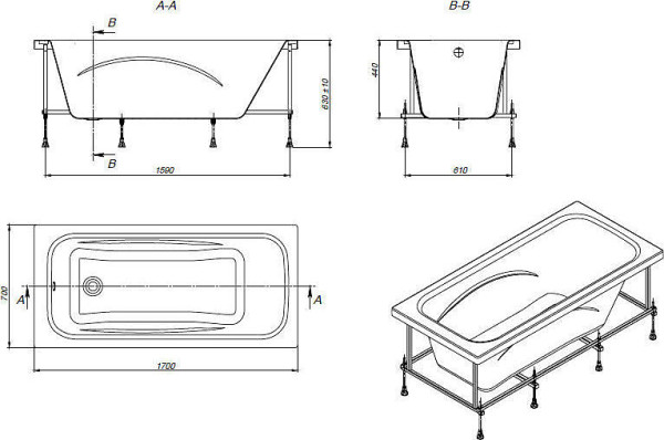 ZRU9302924 Line Акриловая ванна прямоугольная глубина 45 см, 170 х 70. Фото 4