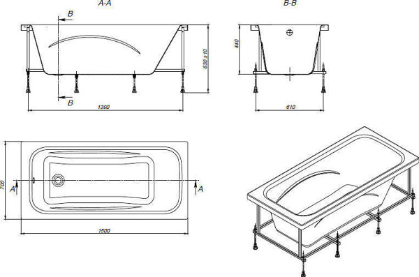 ZRU9302982 Line Акриловая ванна прямоугольная глубина 45 см, 150 х 70. Фото 2