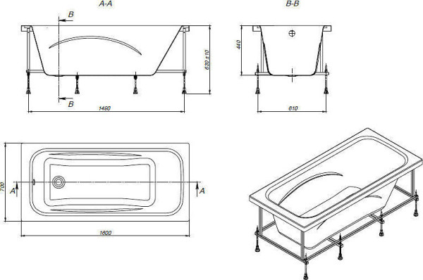 ZRU9302985 Line Акриловая ванна прямоугольная глубина 45 см, 160 х 70. Фото 6